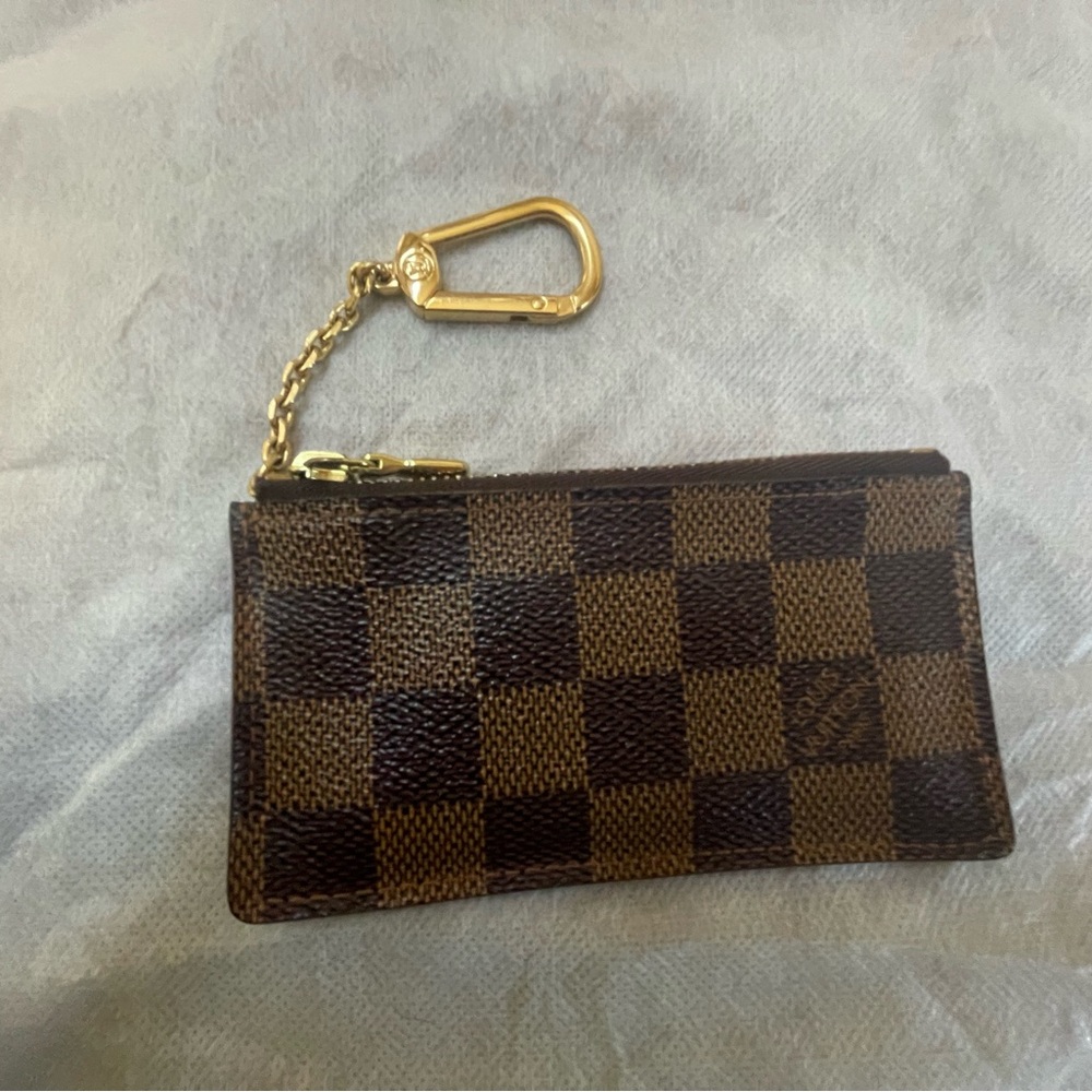 Louis Vuitton Damier Ebene Brown Checkered Key Pouch with Gold Chain